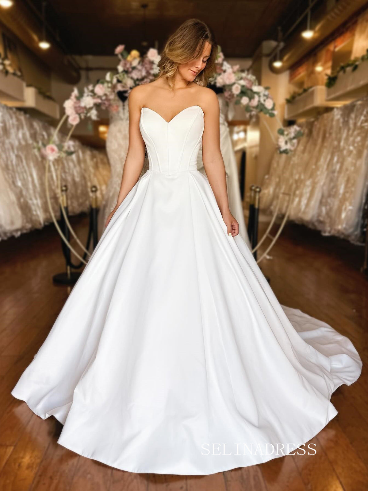 affordable satin wedding dresses Ivory Satin Spaghetti Straps Simple Wedding Dresses With Court Train, MW848