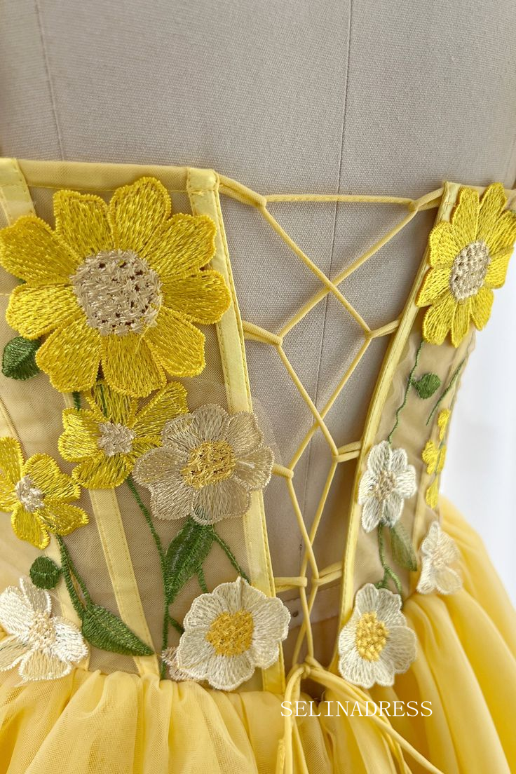 Yellow Floral Homecoming Dress A-line Straps Tulle Short Prom Dress EW – SELINADRESS Yellow Floral Homecoming Dress A-line Straps Tulle Short Prom Dress EW – SELINADRESS