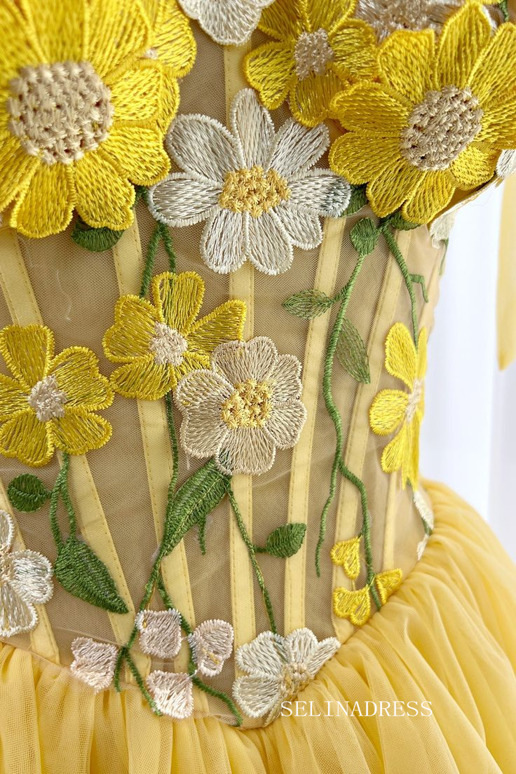 yellow floral homecoming dress Yellow Strapless Lace Mini Homecoming Dress with Sheer Corset H1126 Viniodress