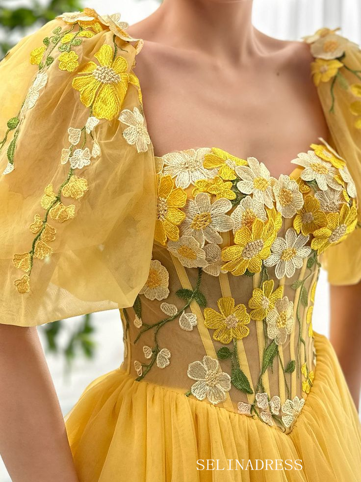 Yellow Floral Homecoming Dress With Short Sleeve Tulle Short Prom Dres – SELINADRESS Yellow Floral Homecoming Dress With Short Sleeve Tulle Short Prom Dres – SELINADRESS