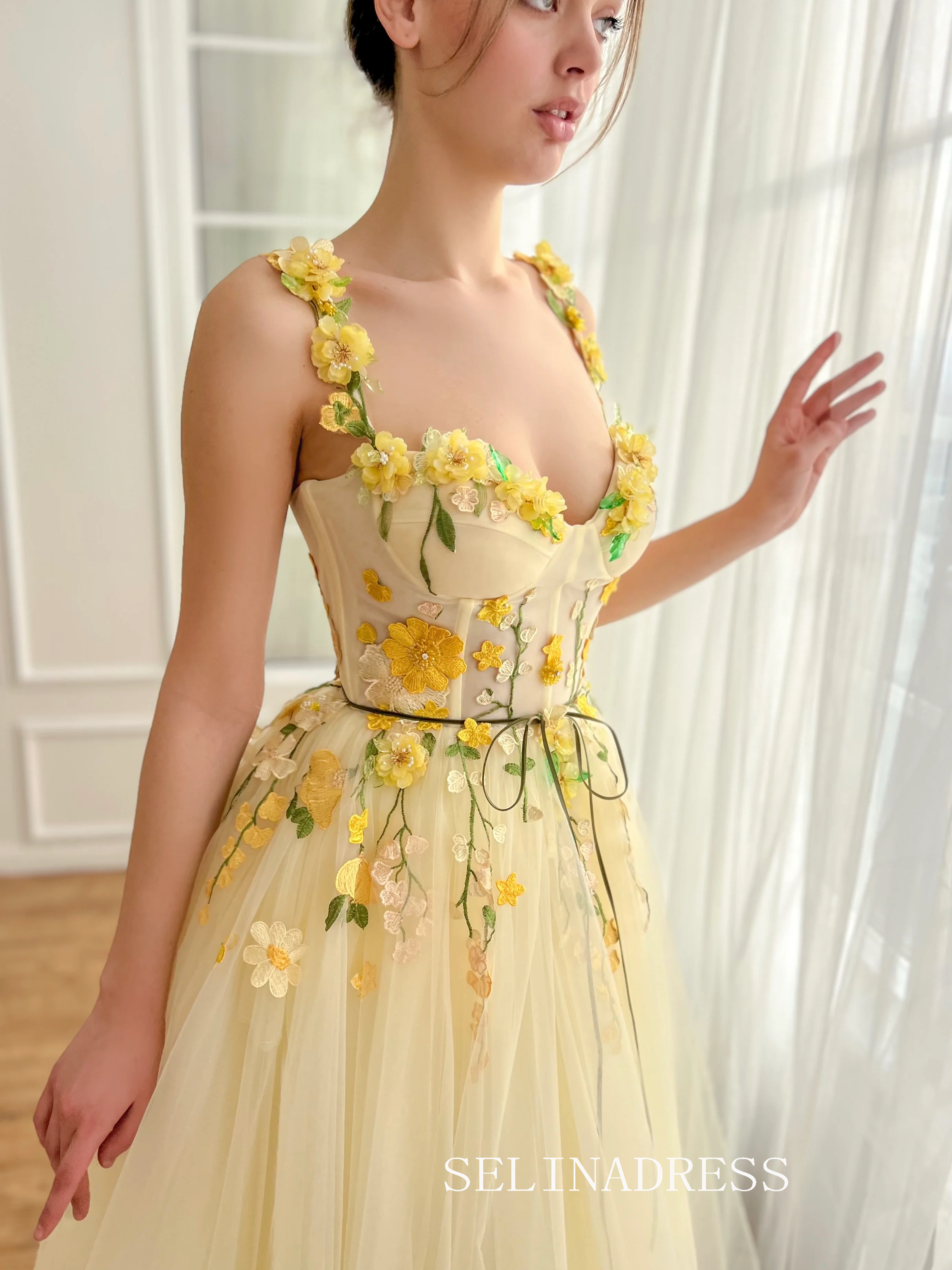 Yellow Floral Wedding Dress Tea Length Tulle Prom Dresses Princess Eve SELINADRESS Yellow Floral Wedding Dress Tea Length Tulle Prom Dresses Princess Eve SELINADRESS