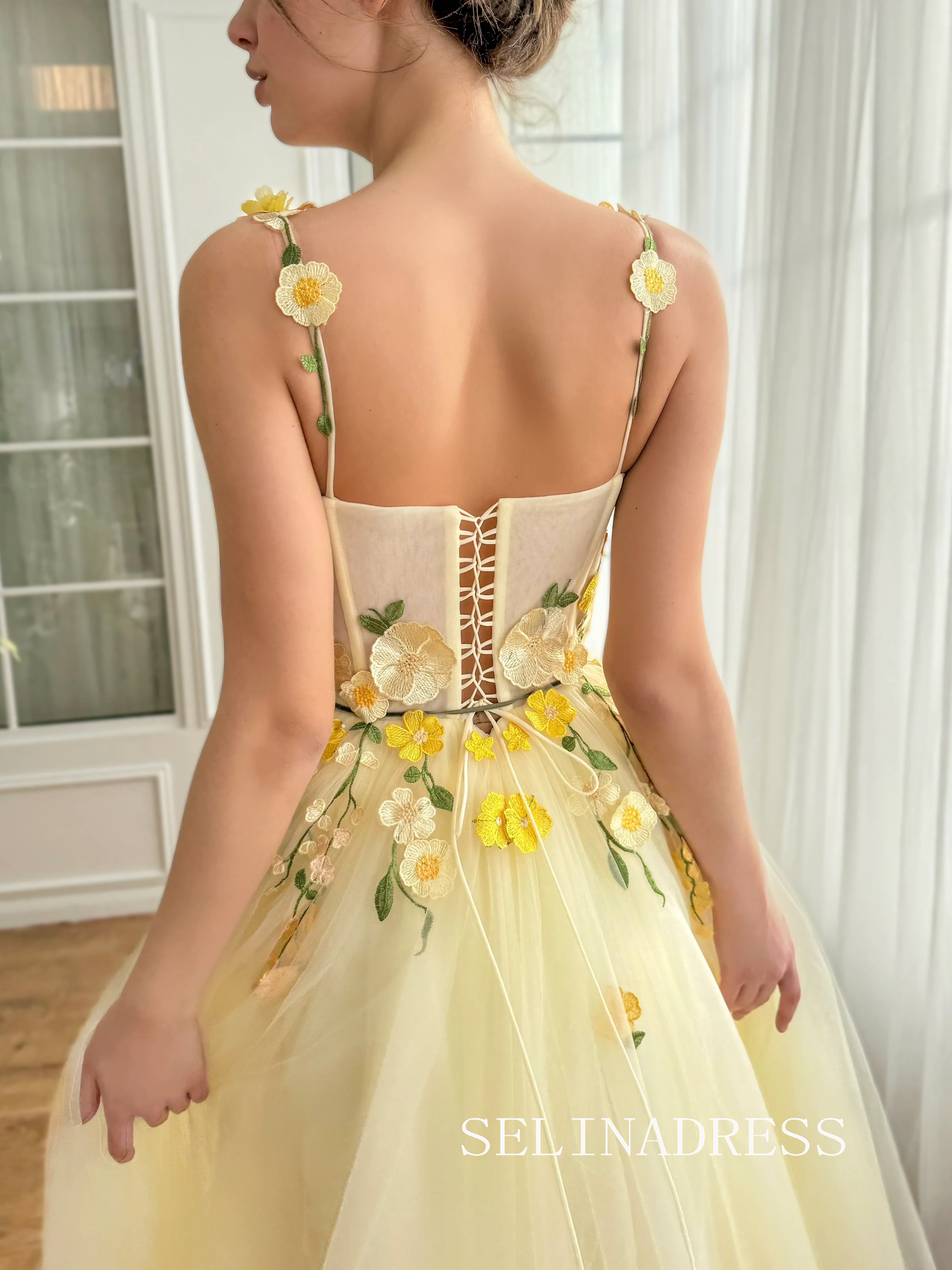 Yellow Floral Wedding Dress Tea Length Tulle Prom Dresses Princess Eve – SELINADRESS Yellow Floral Wedding Dress Tea Length Tulle Prom Dresses Princess Eve – SELINADRESS