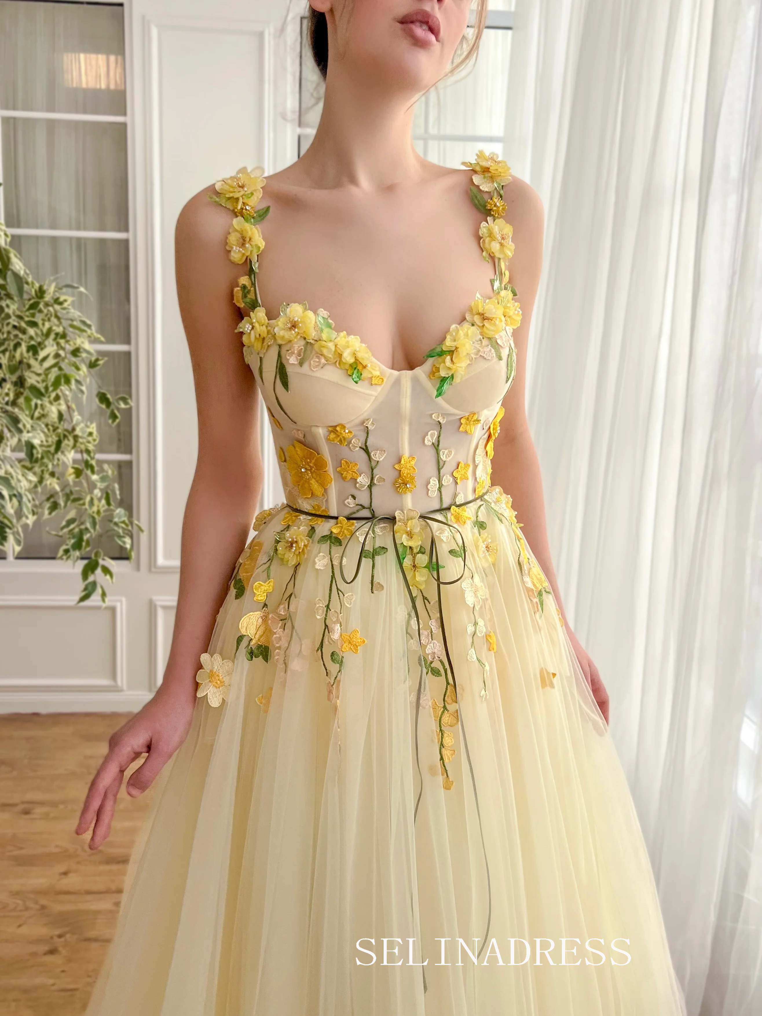 Yellow Floral Wedding Dress Tea Length Tulle Prom Dresses Princess Eve SELINADRESS Yellow Floral Wedding Dress Tea Length Tulle Prom Dresses Princess Eve SELINADRESS