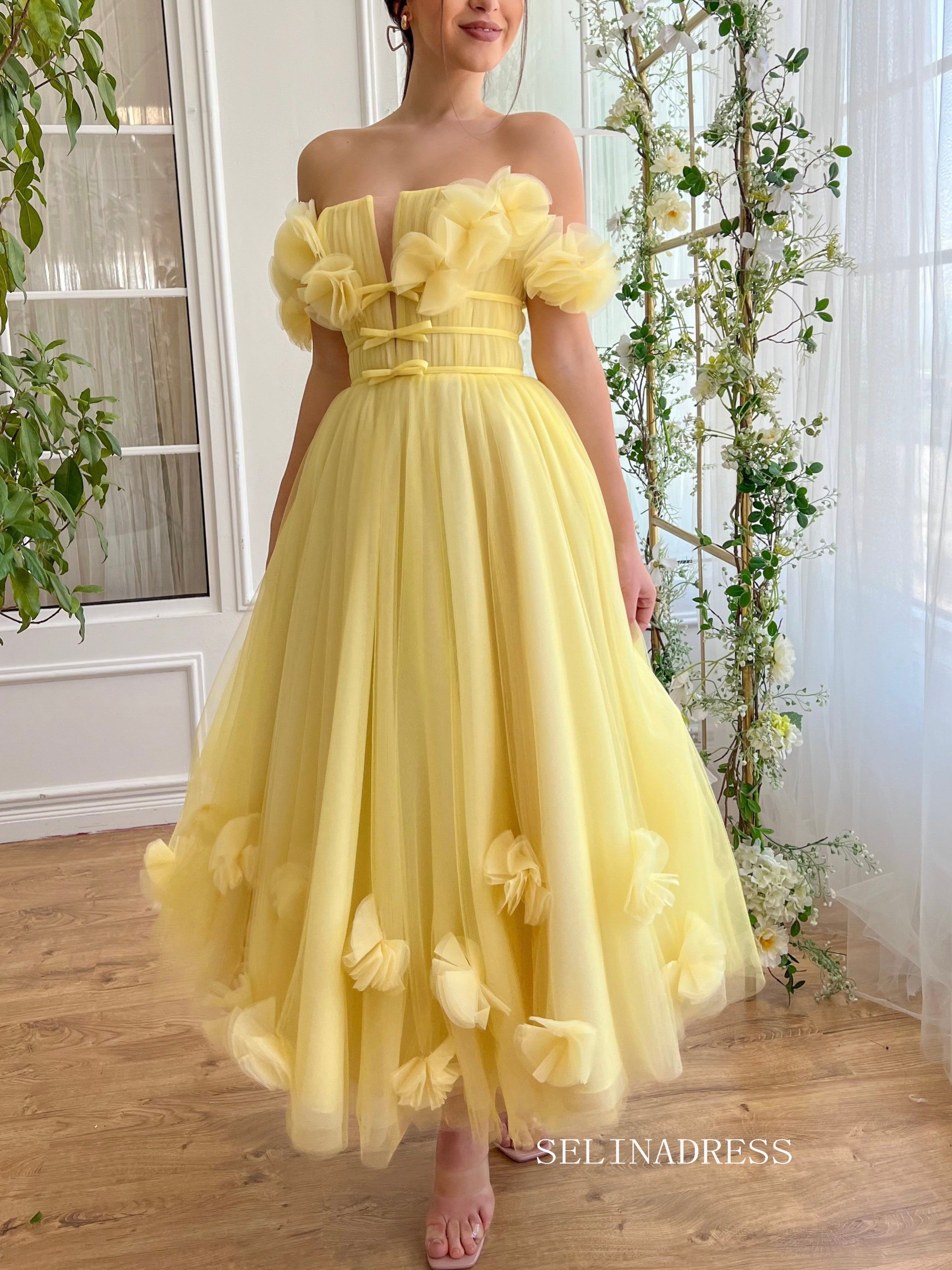 Yellow Off-the-shoulder A line Midi Prom Dress Tulle Party Dress JKL3124 Yellow Off-the-shoulder A line Midi Prom Dress Tulle Party Dress JKL3124