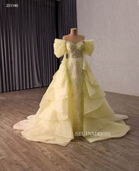 Yellow Pageant Beaded Puff Sleeve Overskirt Gown Beaded Wedding Dresses 251140|Selinadress
