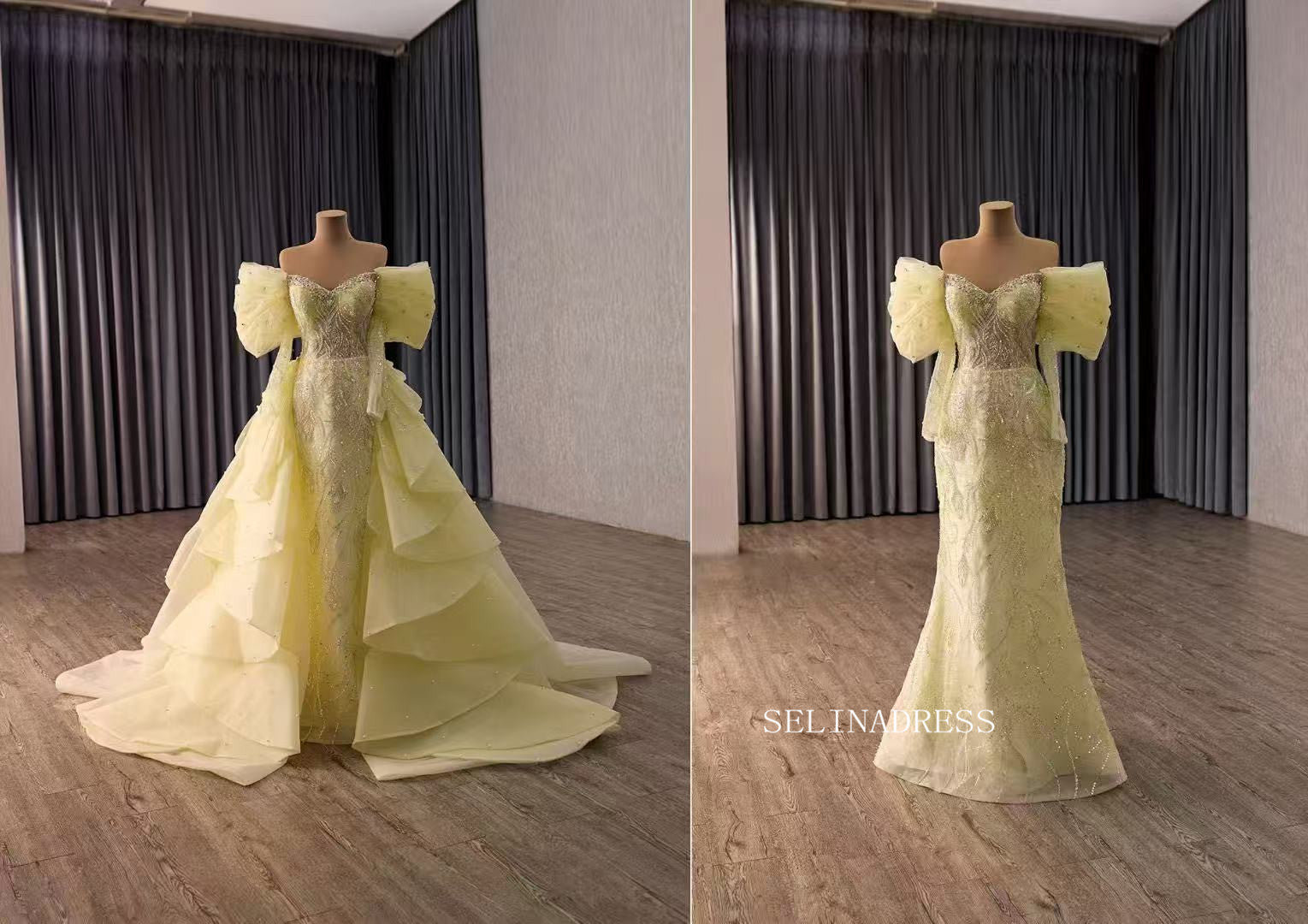 Pageant Yellow Backdraft Yellow Pageant Beaded Puff Sleeve Overskirt Gown Beaded Wedding Dresse ...