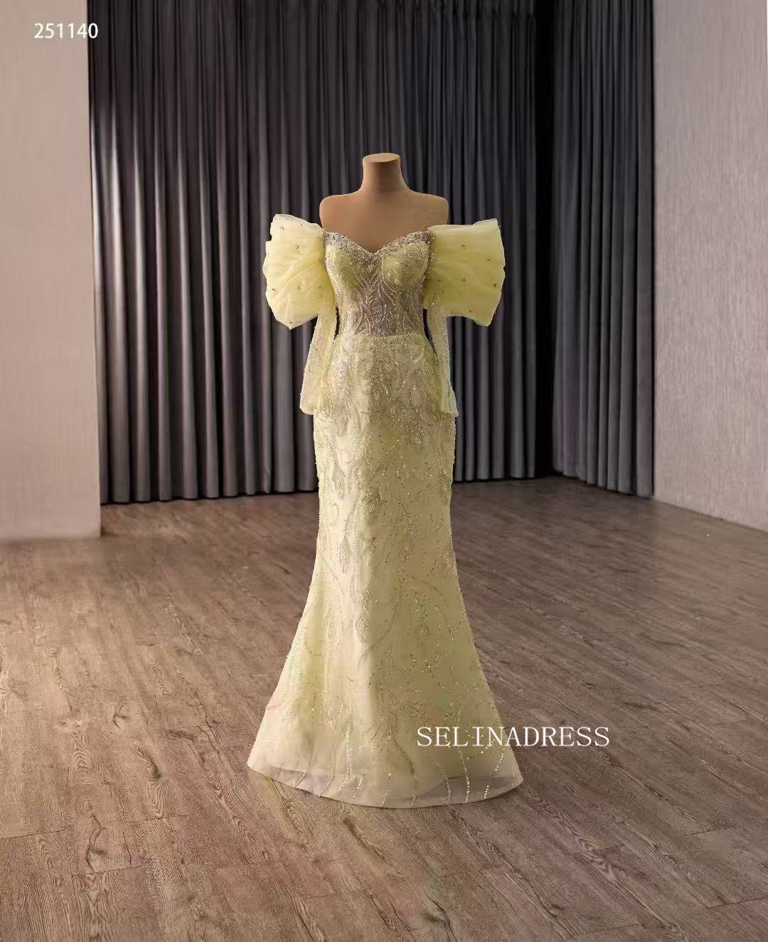 Yellow Pageant Beaded Puff Sleeve Overskirt Gown Beaded Wedding Dresses 251140|Selinadress