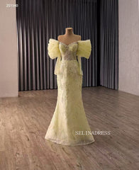 Yellow Pageant Beaded Puff Sleeve Overskirt Gown Beaded Wedding Dresses 251140|Selinadress
