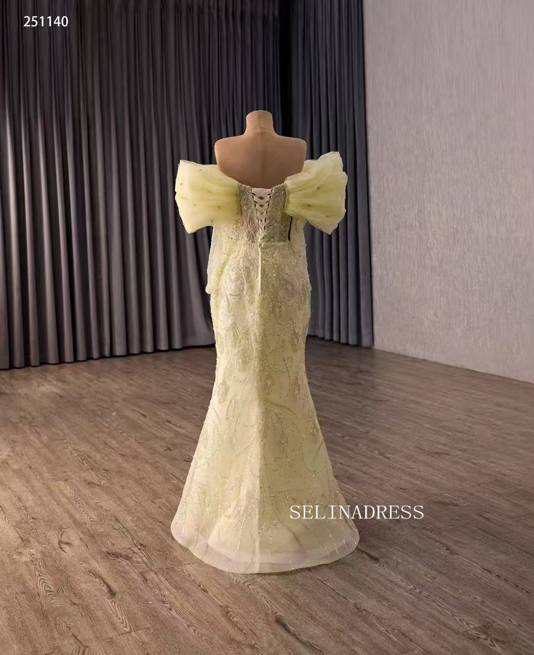 Yellow Pageant Beaded Puff Sleeve Overskirt Gown Beaded Wedding Dresses 251140|Selinadress