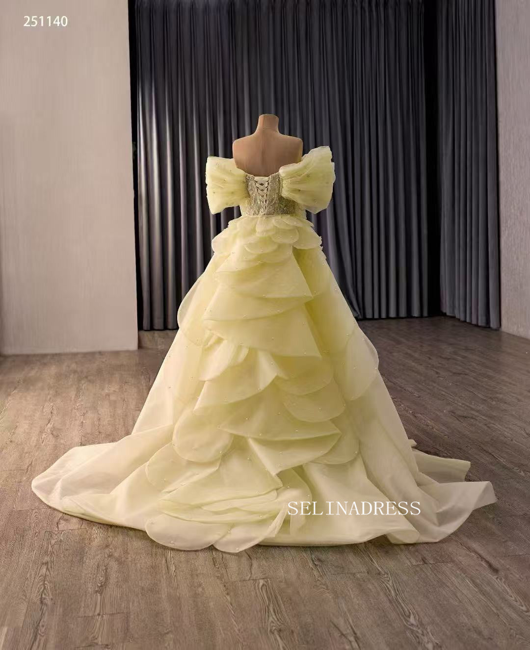 Yellow Pageant Beaded Puff Sleeve Overskirt Gown Beaded Wedding Dresses 251140|Selinadress