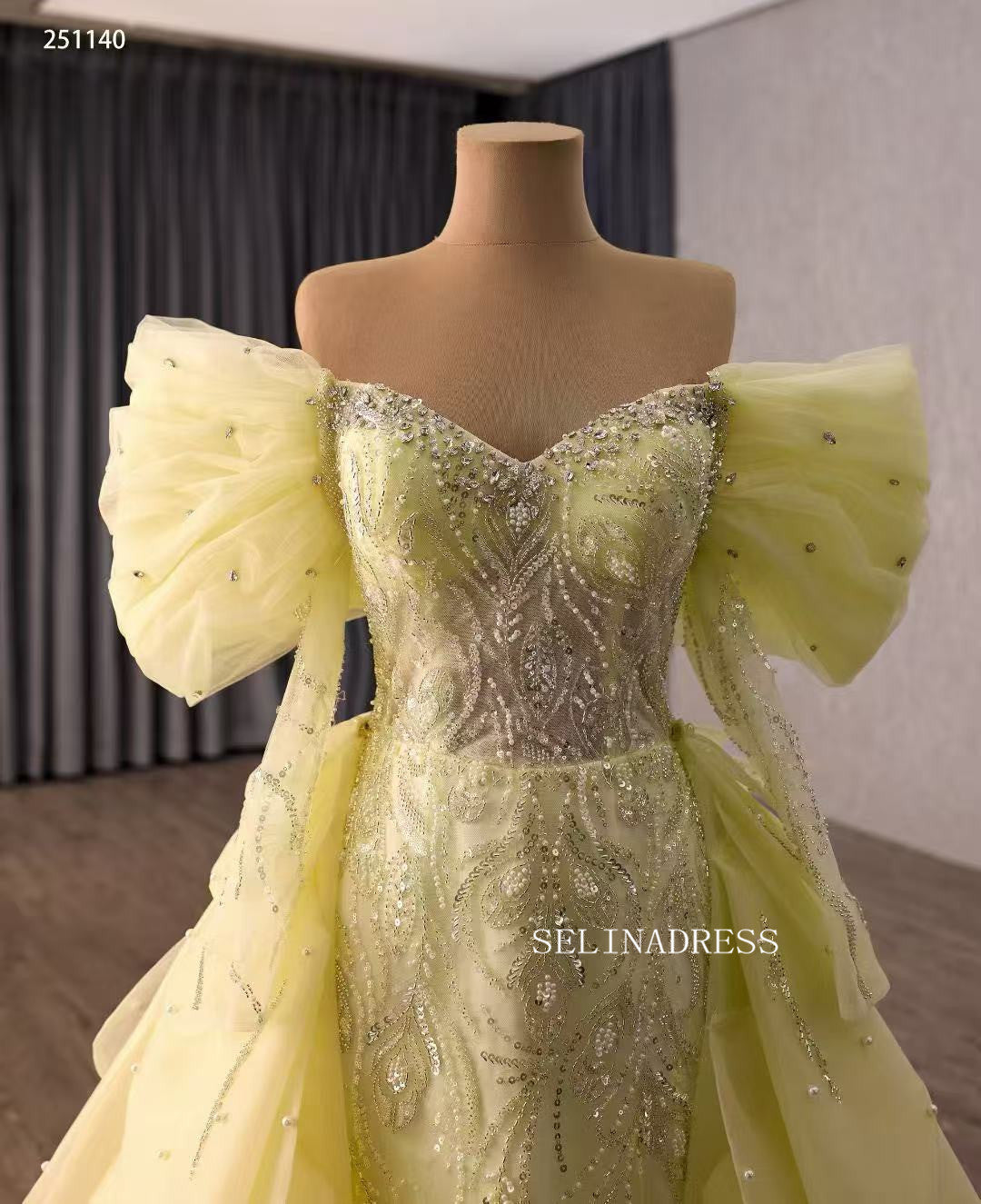 Yellow Pageant Beaded Puff Sleeve Overskirt Gown Beaded Wedding Dresses 251140|Selinadress