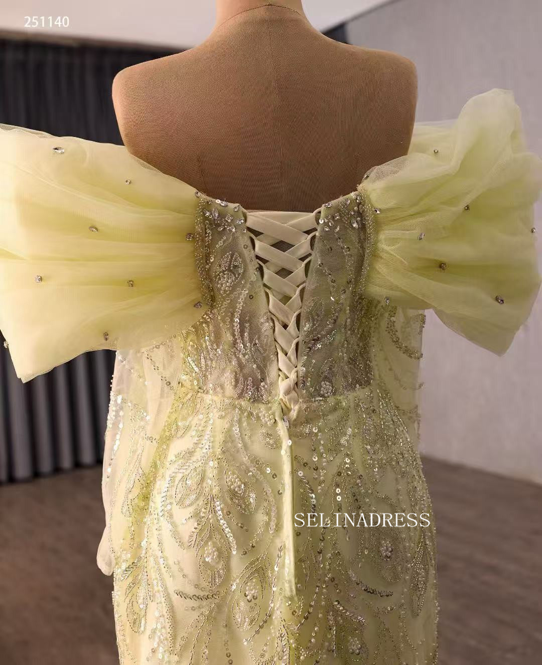 Yellow Pageant Beaded Puff Sleeve Overskirt Gown Beaded Wedding Dresses 251140|Selinadress