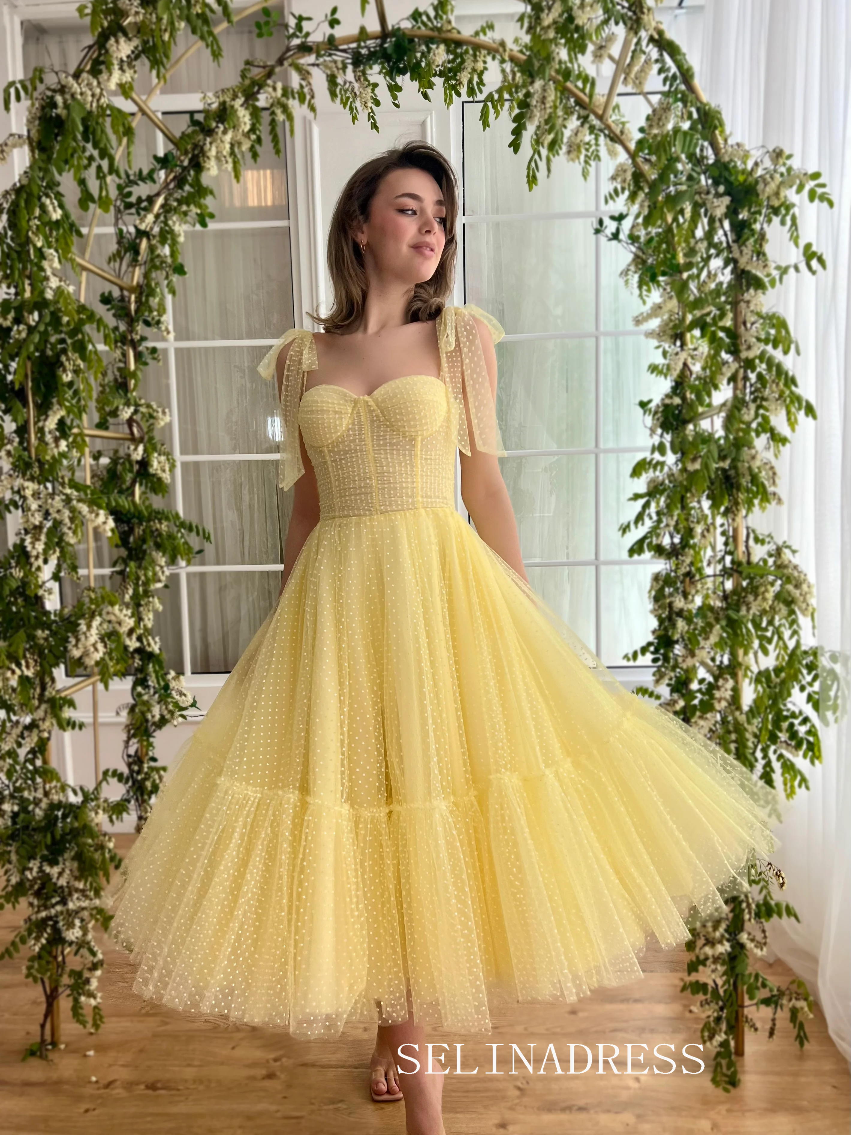 Yellow Short Wedding Dress Tea Length Tulle Prom Dresses Princess Even SELINADRESS Yellow Short Wedding Dress Tea Length Tulle Prom Dresses Princess Even SELINADRESS