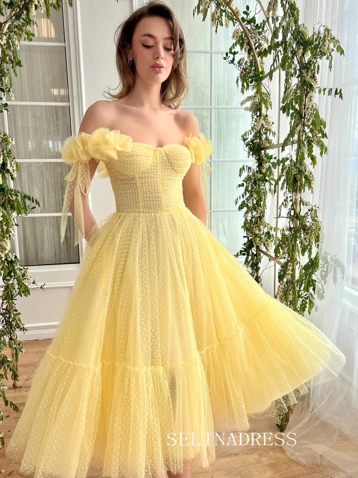 Yellow Short Wedding Dress Tea Length Tulle Prom Dresses Princess Even SELINADRESS Yellow Short Wedding Dress Tea Length Tulle Prom Dresses Princess Even SELINADRESS