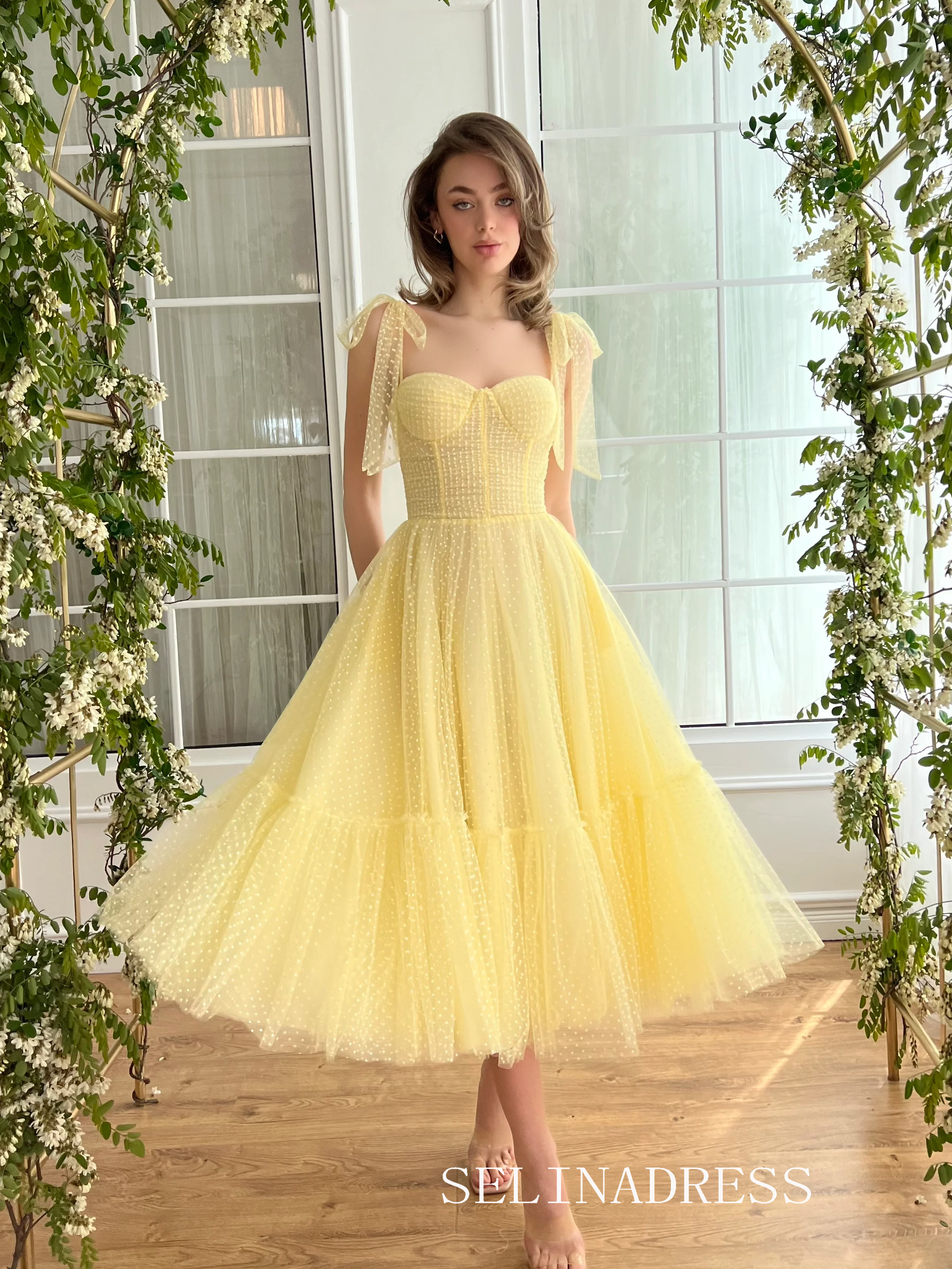 Yellow Short Wedding Dress Tea Length Tulle Prom Dresses Princess