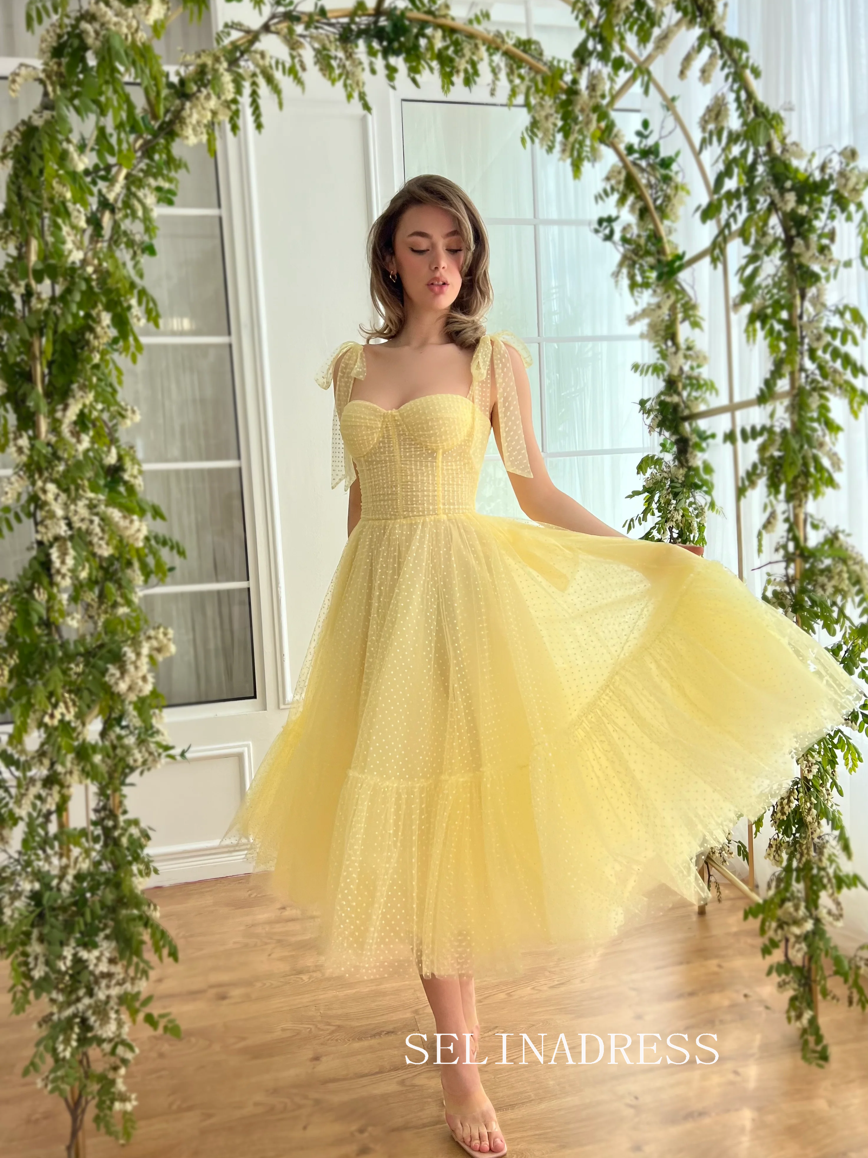 Yellow Short Wedding Dress Tea Length Tulle Prom Dresses Princess