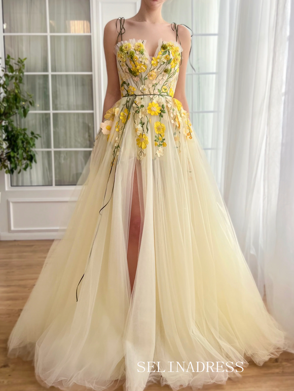 Yellow Spaghetti Straps Long Prom Dress 3D Flower Evening Dress With Slit EWR306|Selinadress