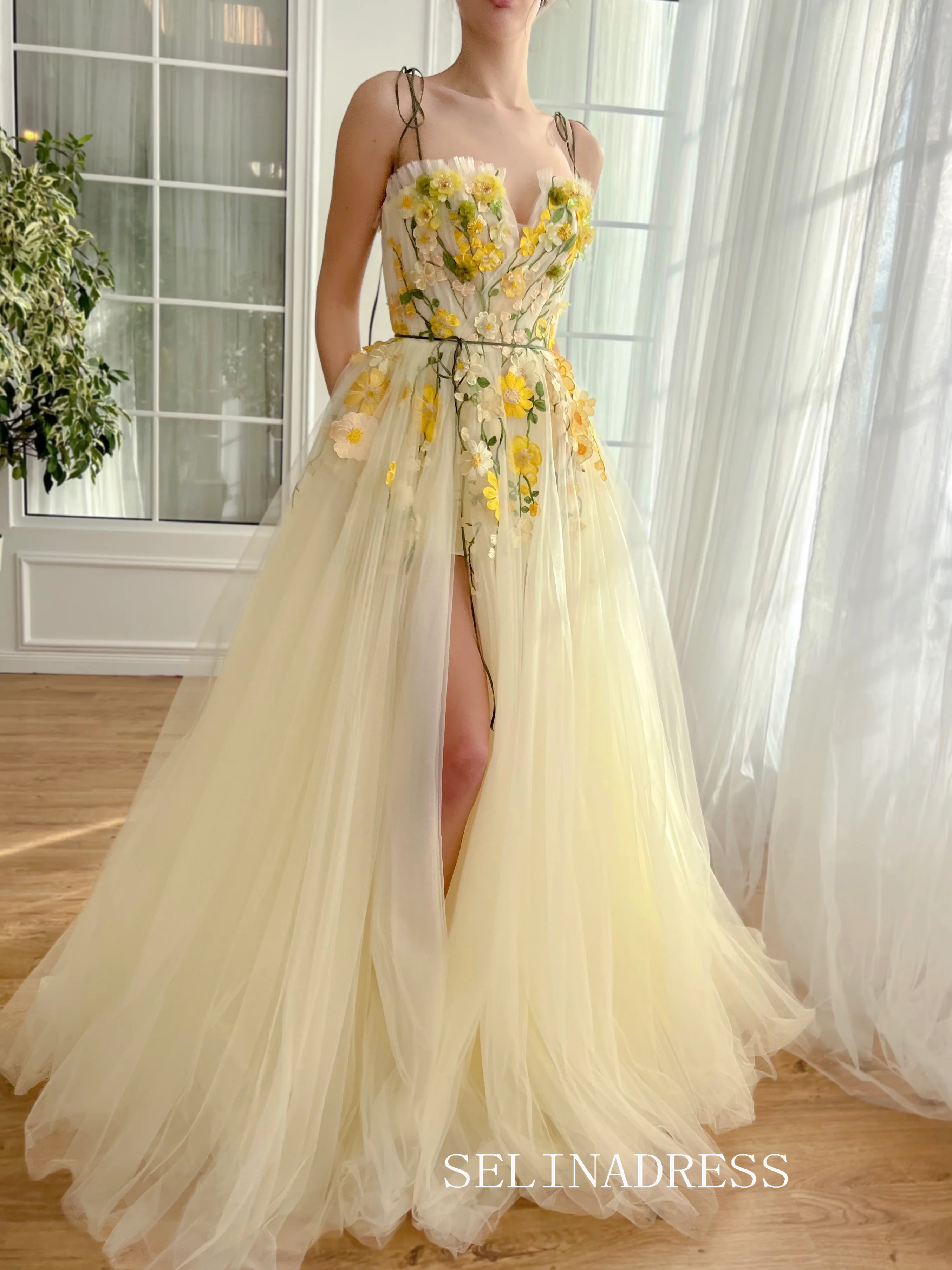 yellow prom dress with flowers Yellow Spaghetti Straps Long Prom Dress 3D Flower Evening Dress With S – SELINADRESS