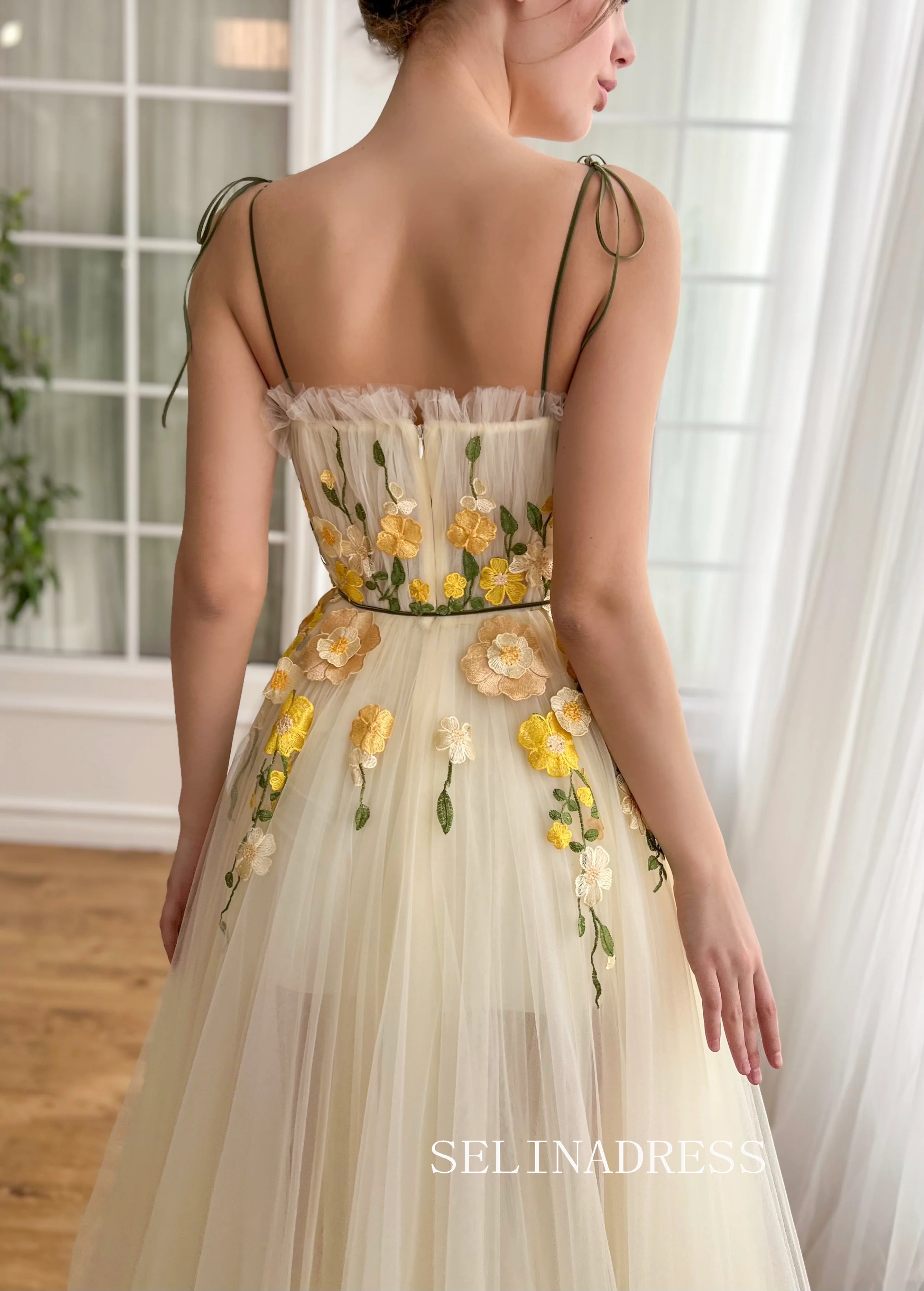 Yellow Spaghetti Straps Long Prom Dress 3D Flower Evening Dress With S SELINADRESS Yellow Spaghetti Straps Long Prom Dress 3D Flower Evening Dress With S SELINADRESS