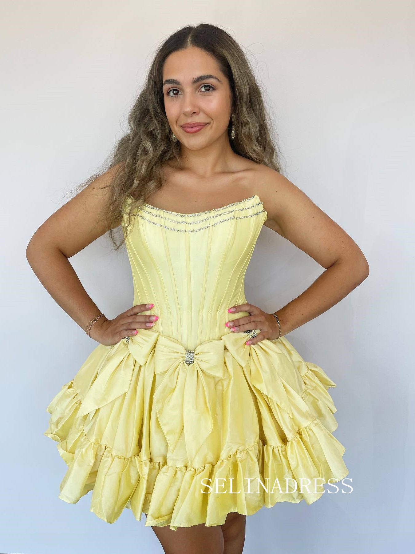 Yellow Strapless Short Homecoming Dresses With Bowknot Cute Hoco Dress SELINADRESS Yellow Strapless Short Homecoming Dresses With Bowknot Cute Hoco Dress SELINADRESS