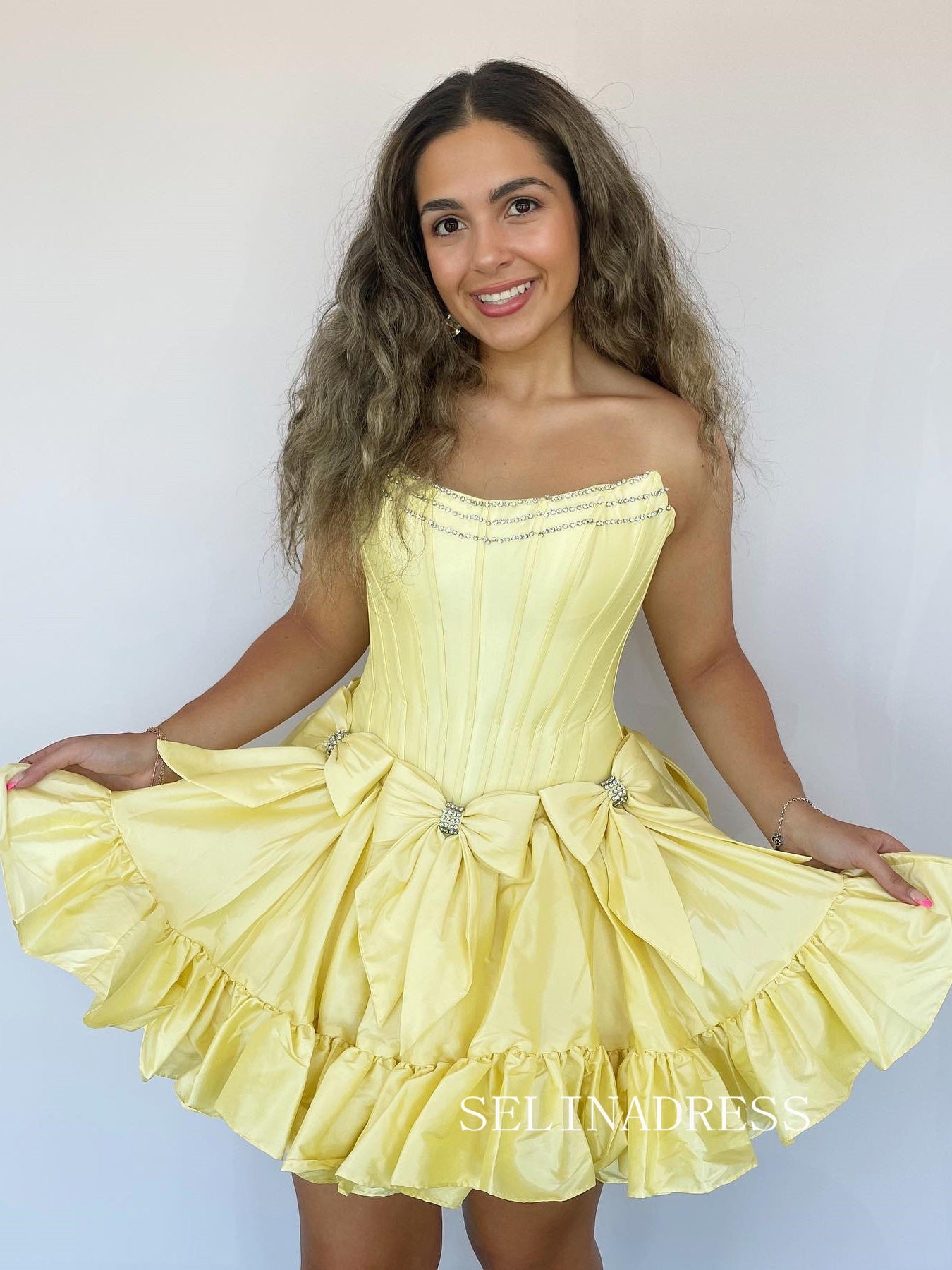 Yellow Strapless Short Homecoming Dresses With Bowknot Cute Hoco Dress SELINADRESS Yellow Strapless Short Homecoming Dresses With Bowknot Cute Hoco Dress SELINADRESS