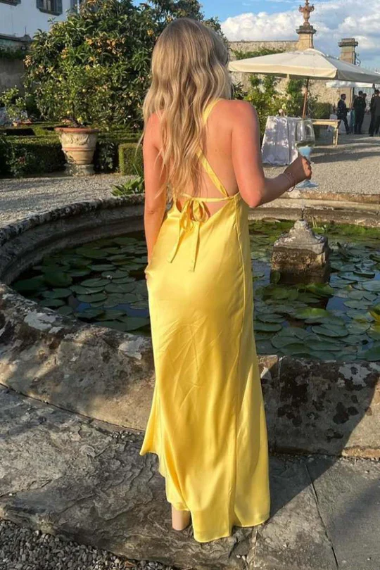 Yellow Straps V-Neck Slit Maxi Bridesmaid Dress with Lace-up SEV011 SELINADRESS Yellow Straps V-Neck Slit Maxi Bridesmaid Dress with Lace-up SEV011 SELINADRESS