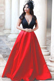 A-line  Red V-neck Short Sleeves Sweep Train Pleated Prom Dress GRD014