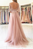 A-Line Bateau Long Sleeves Sweep Train Pink Tulle Prom Dress with Appliques GRD018