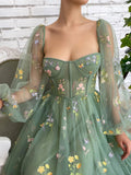 Elegant green long sleeves tulle tea length prom dress, green evening dress