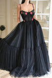 Black tulle lace long prom dress black evening dress TR0717