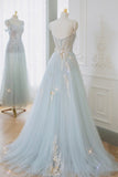 Blue tulle lace long prom dress evening dress TR0721