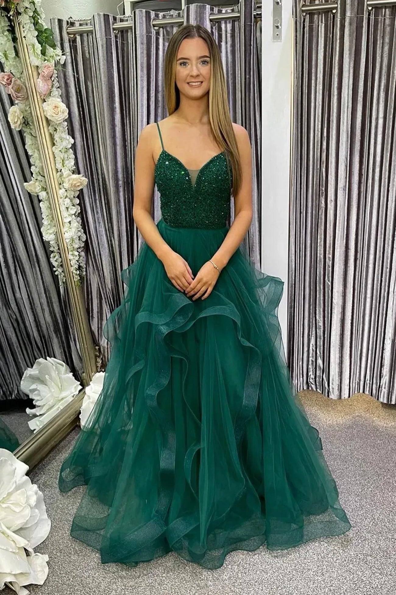 Cute tulle beads long prom dress A line evening dress TR0714 SELINADRESS Cute tulle beads long prom dress A line evening dress TR0714 SELINADRESS