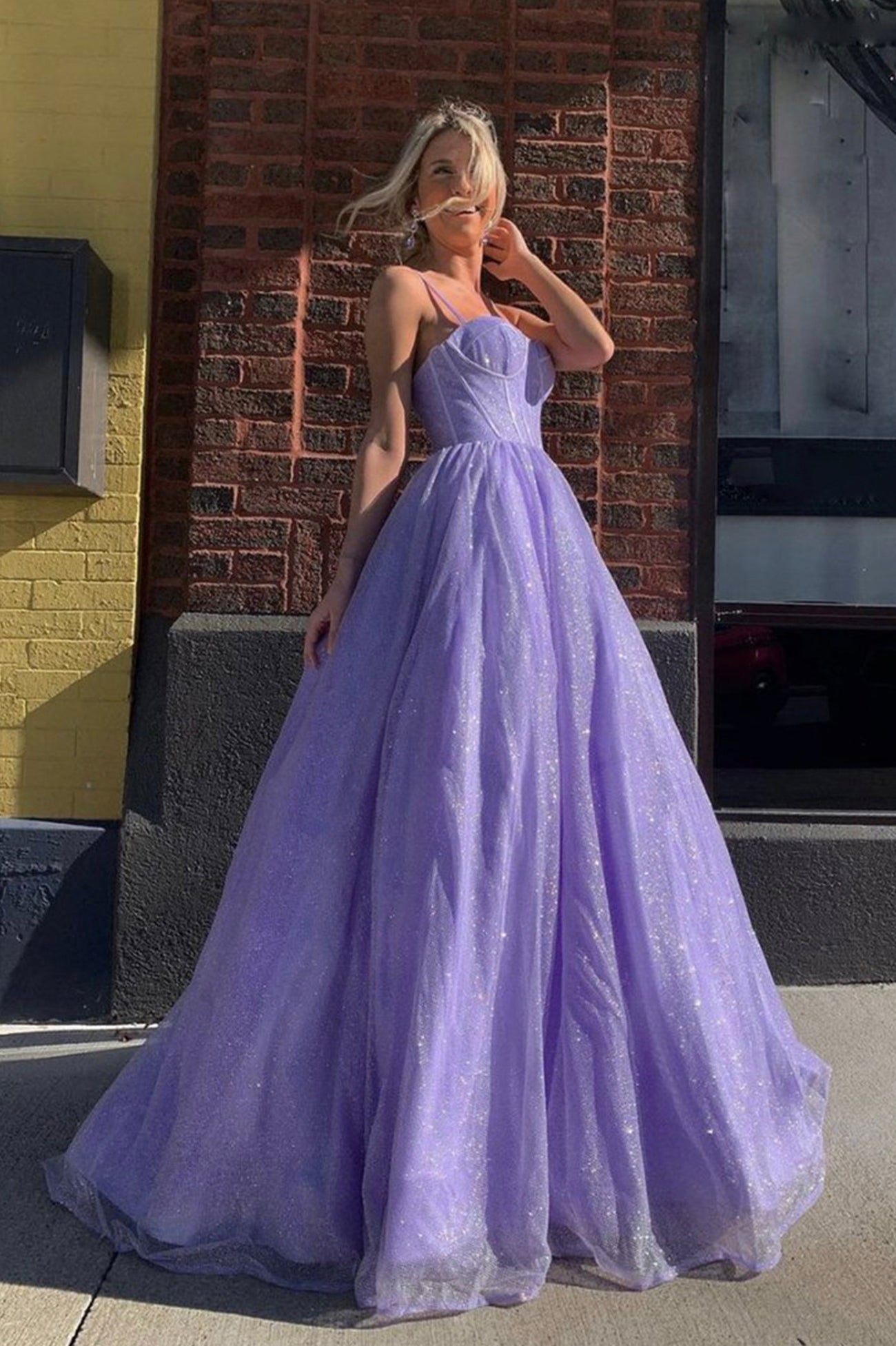 Purple Tulle Beaded Long Prom Dress, V Neck Spaghetti Strap Evening Dress US 2 / Purple