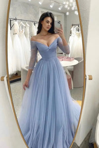 Blue tulle long prom dress blue evening dress TR0724