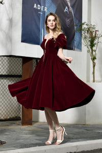 Fast Shipping Short Sleeves Lace-up Back Burgundy Mid-Calf Prom Dress ASSD016|Selinadress