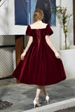 Fast Shipping Short Sleeves Lace-up Back Burgundy Mid-Calf Prom Dress ASSD016|Selinadress