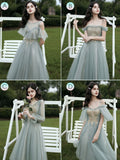Gray green tulle lace short prom dress, gray tulle bridesmaid dress