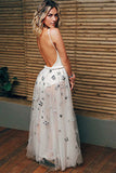 A-Line Crew Floor-Length White Tulle Backless Prom Dress with Appliques GRD023