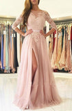 A-Line Bateau Long Sleeves Sweep Train Pink Tulle Prom Dress with Appliques GRD018