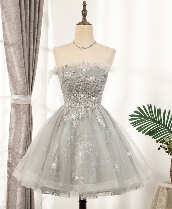 Gray sweetheart lace tulle short prom dress gray cocktail dress