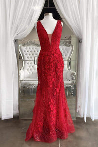 Plumgiong V-Neck Red Long Prom Dress with Appliques ASSD015|Selinadress