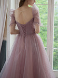 Pink sweetheart tulle beads tea length prom dress, tulle evening dress