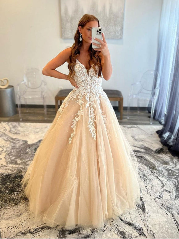 Champagne v neck tulle lace long prom dress champagne evening dress FD027
