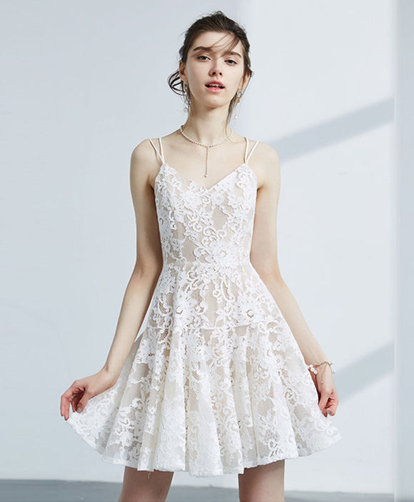 Cute white v neck lace short prom dress white evening dress