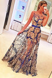 A-line Bateau Navy Blue Lace Sleeveless Sweep Train Prom Dress with Sashes GRD019