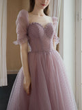 Pink sweetheart tulle beads tea length prom dress, tulle evening dress
