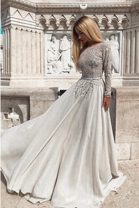 A-Line Bateau Long Sleeves Backless Prom/Evening Dress with Beading GRD016