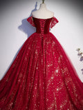 Burgundy tulle sequin long prom dress, burgundy tulle formal dress FD011