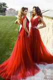 A Line V Neck Lace Appliques Sleeveless Open Back Long Burgundy Tulle Prom Dress Formal Dress GRD012