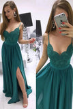 A Line Spaghetti Straps Sweep Train Sleeveless Lace Split Long Green Chiffon Prom Dress Evening Dress GRD006